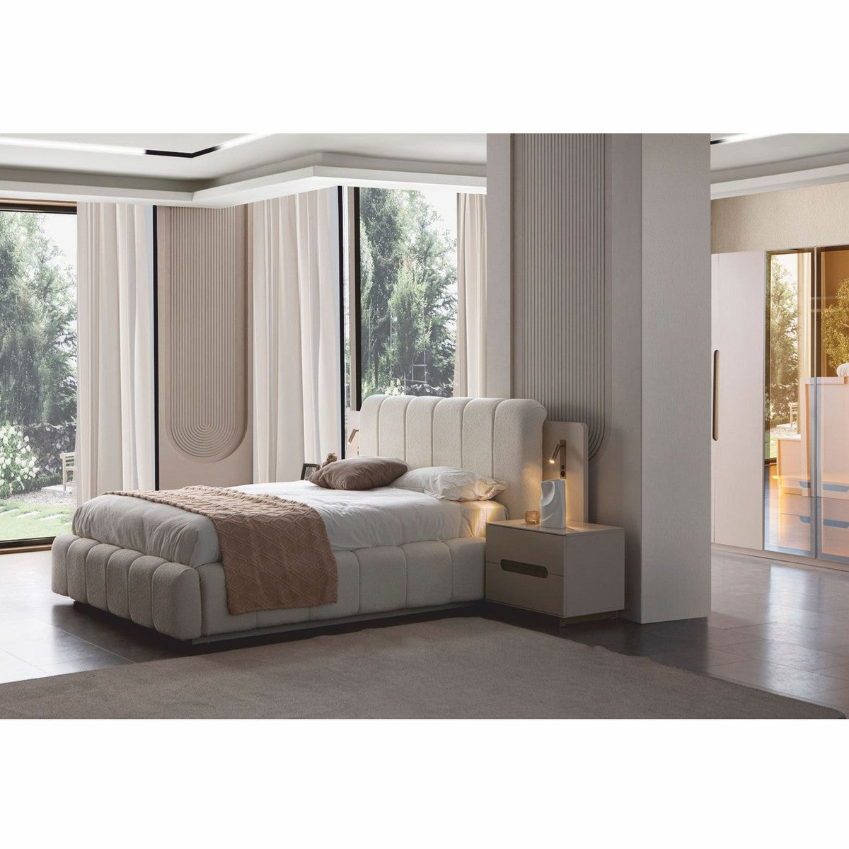 Juego de dormitorio de lujo Casa Padrino blanco / gris – 1 cama doble y 2 mesitas de noche