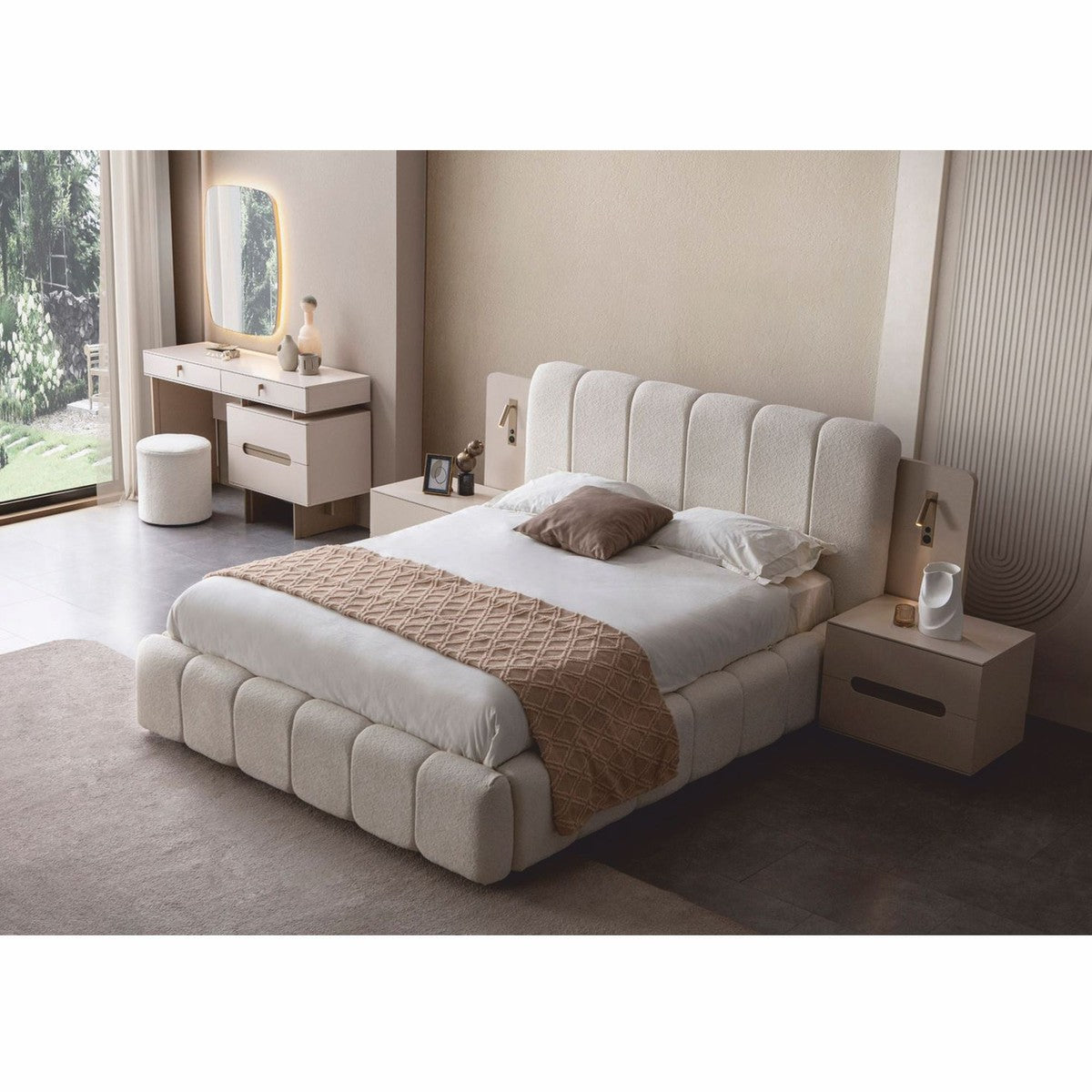 Juego de dormitorio de lujo Casa Padrino blanco / gris – 1 cama doble y 2 mesitas de noche