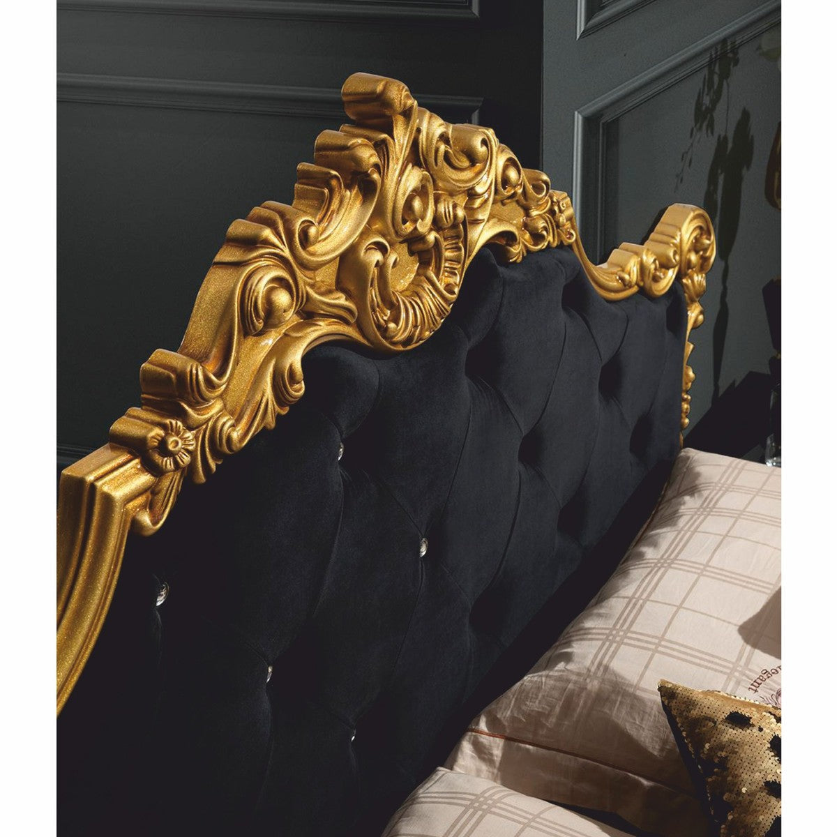 Cama Cama doble barroca de lujo Casa Padrino con pedrería negra / dorada-Muebles de dormitorio de estilo barroco