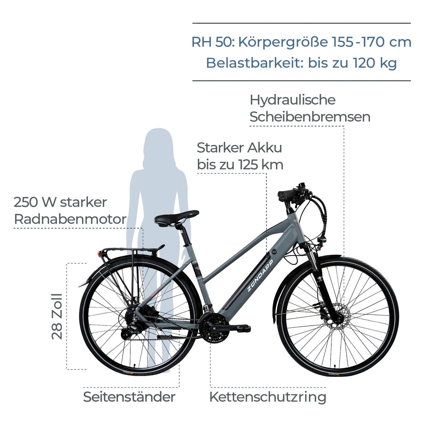 Bicicleta eléctrica Zündapp Z810 Bicicleta de trekking para mujer a partir de 155 cm con motor de buje Bicicleta de trekking Pedelec con 24 marchas e iluminación StVZO