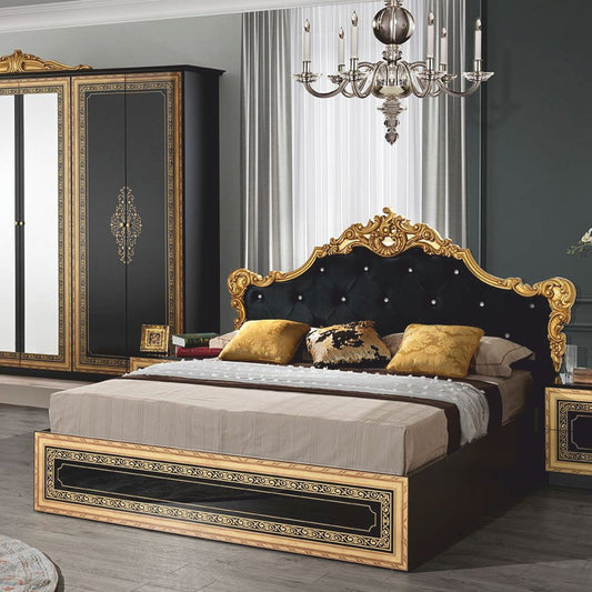 Cama Cama doble barroca de lujo Casa Padrino con pedrería negra / dorada-Muebles de dormitorio de estilo barroco